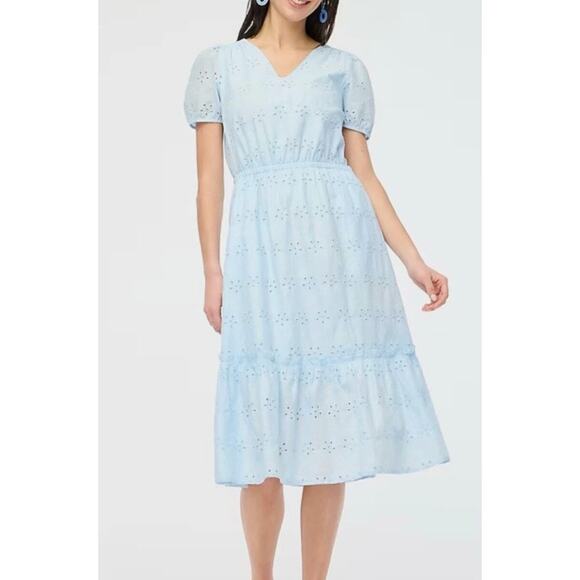 J. Crew Midi Dress Women's 8 Blue V Neck Puff Sleeve Eyelet Tiered Feminine - Picture 1 of 15